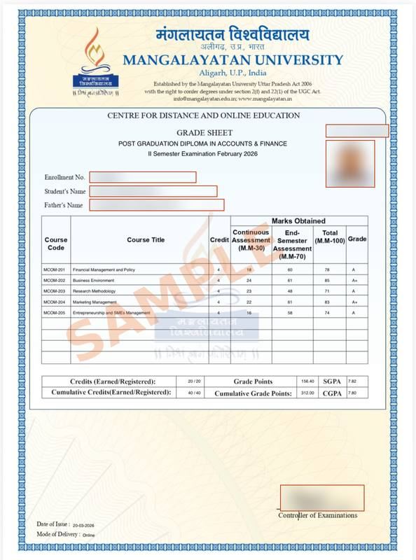 Sample Mangalayatan University online grade sheet with personal details blurred